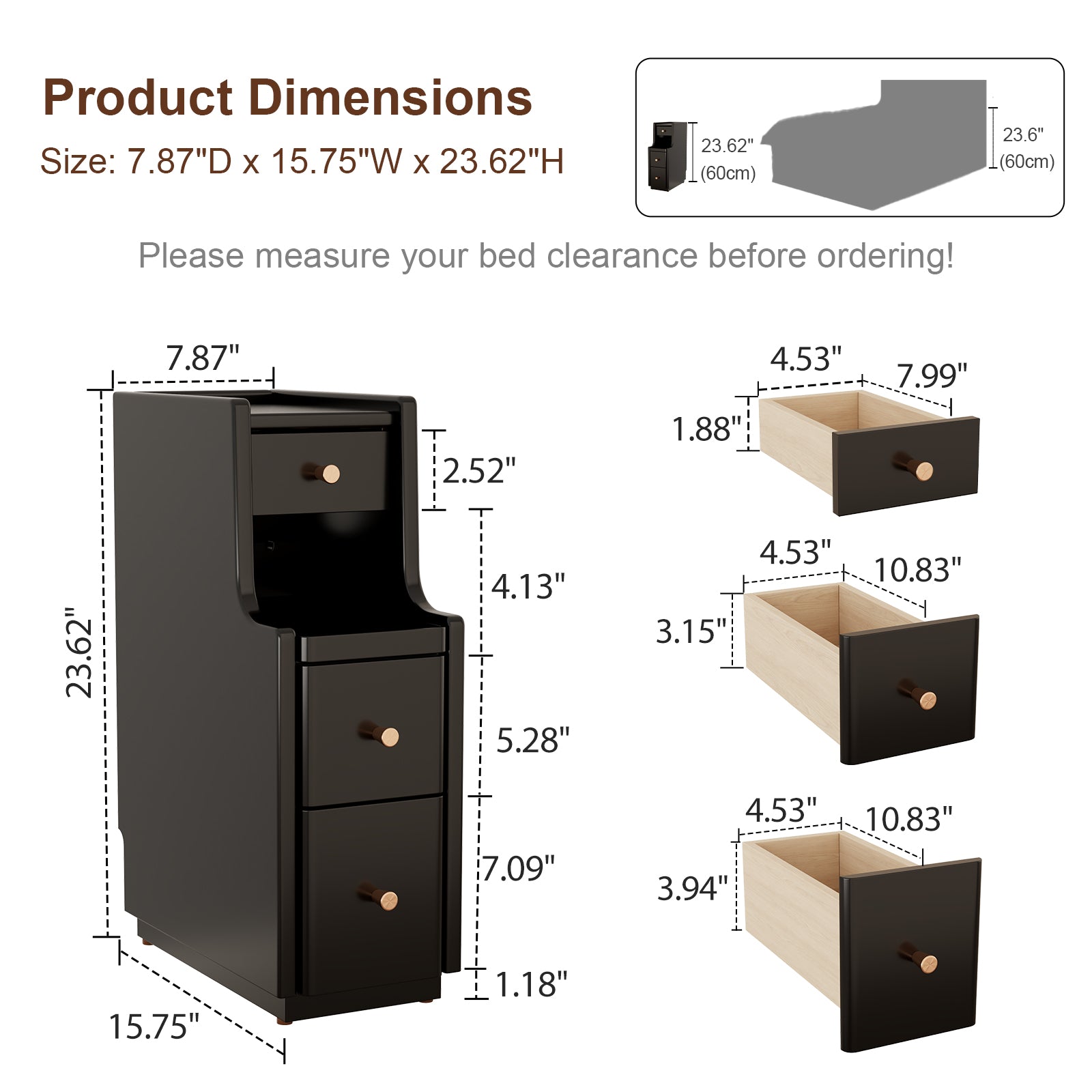 Solid Wood Narrow Nightstand with 3 Drawers – Modern Bedside Table for
