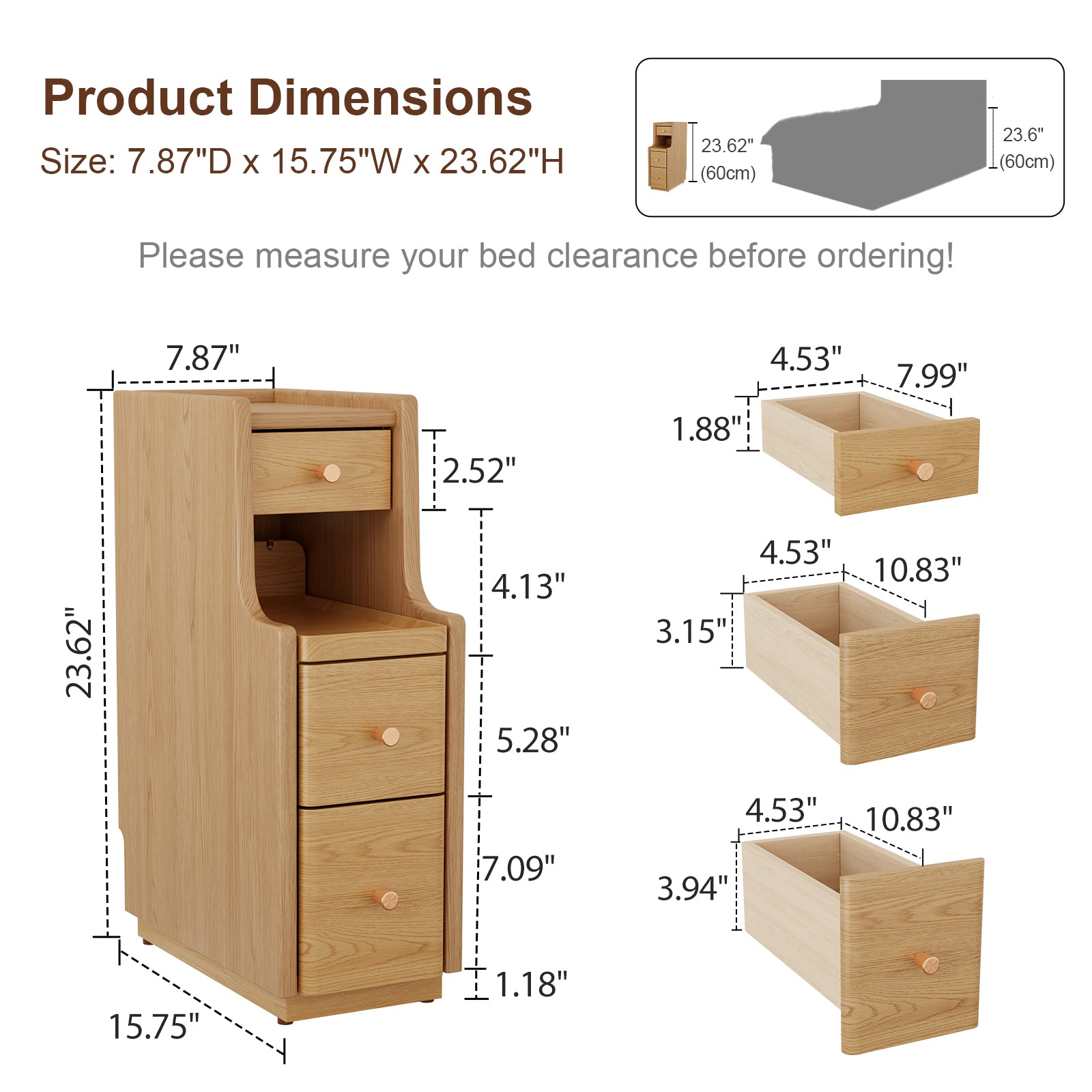 Solid Wood Narrow Nightstand with 3 Drawers – Modern Bedside Table for