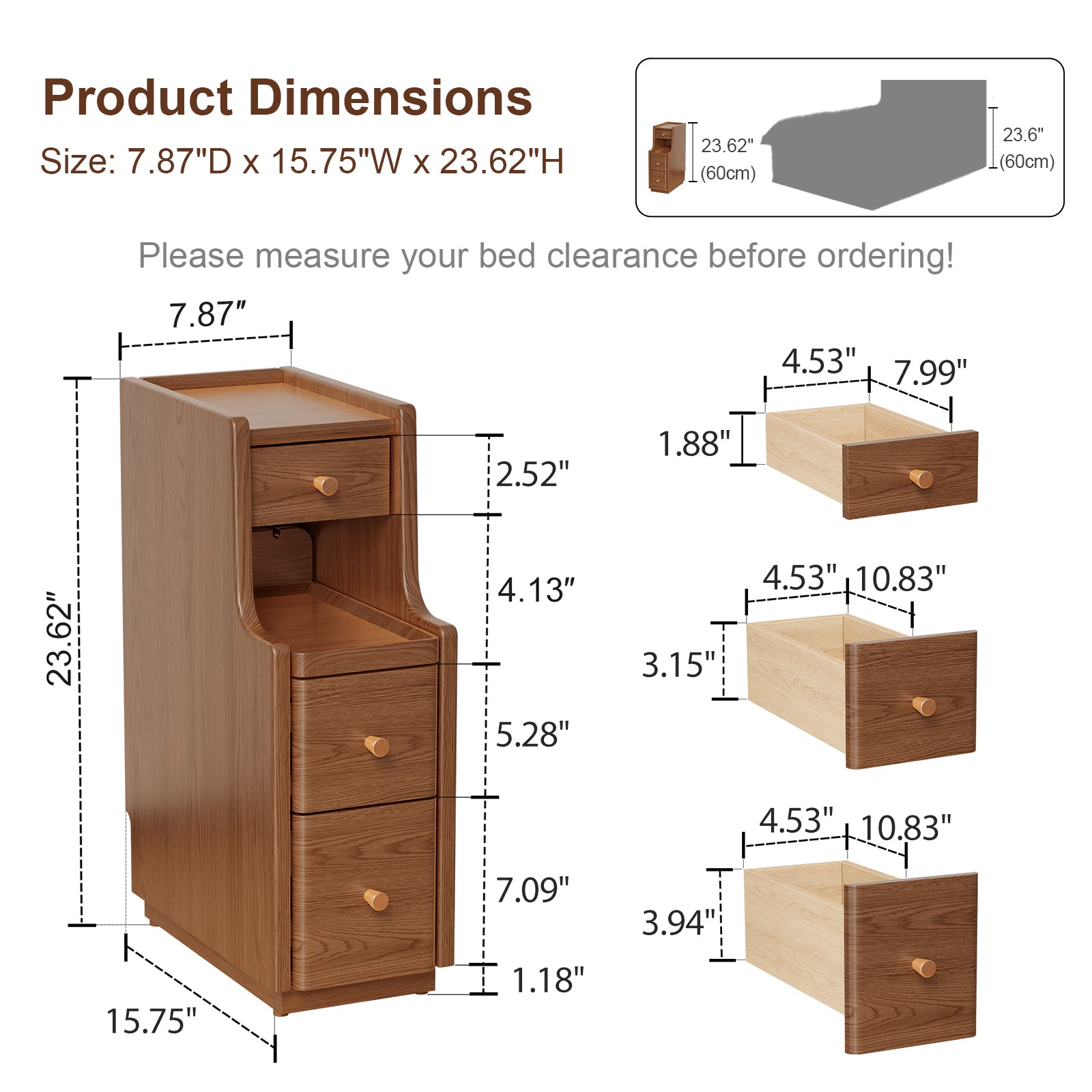 Solid Wood Narrow Nightstand with 3 Drawers – Modern Bedside Table for