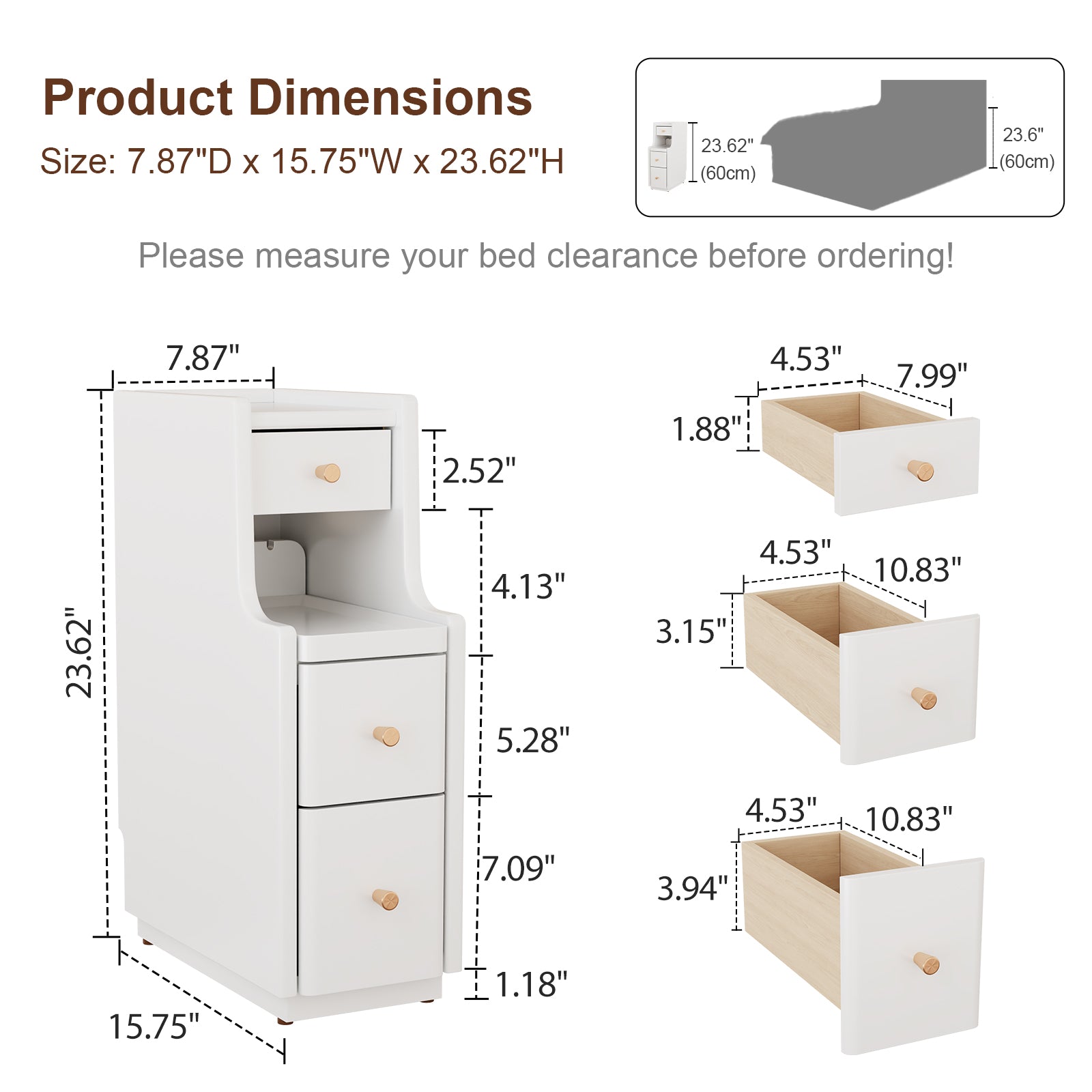 Solid Wood Narrow Nightstand with 3 Drawers – Modern Bedside Table for