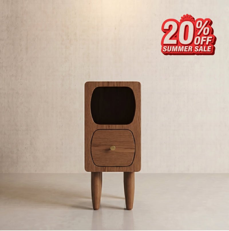 Solid Oak Wood Nightstand with Drawer | Compact Bedside Storage Cabinet for Small Spaces - iKaslandi