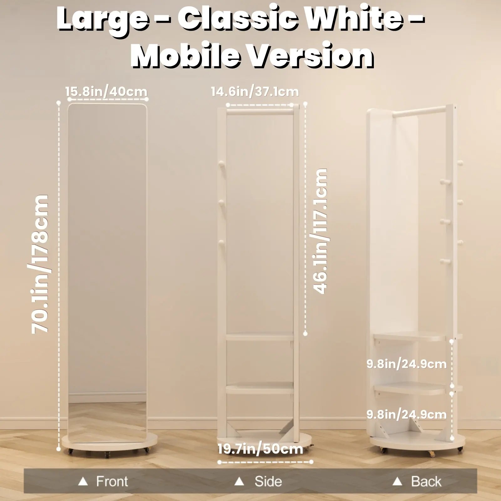 Full - Length Mirror with Storage, Clothing Rack & Wheels - iKaslandi