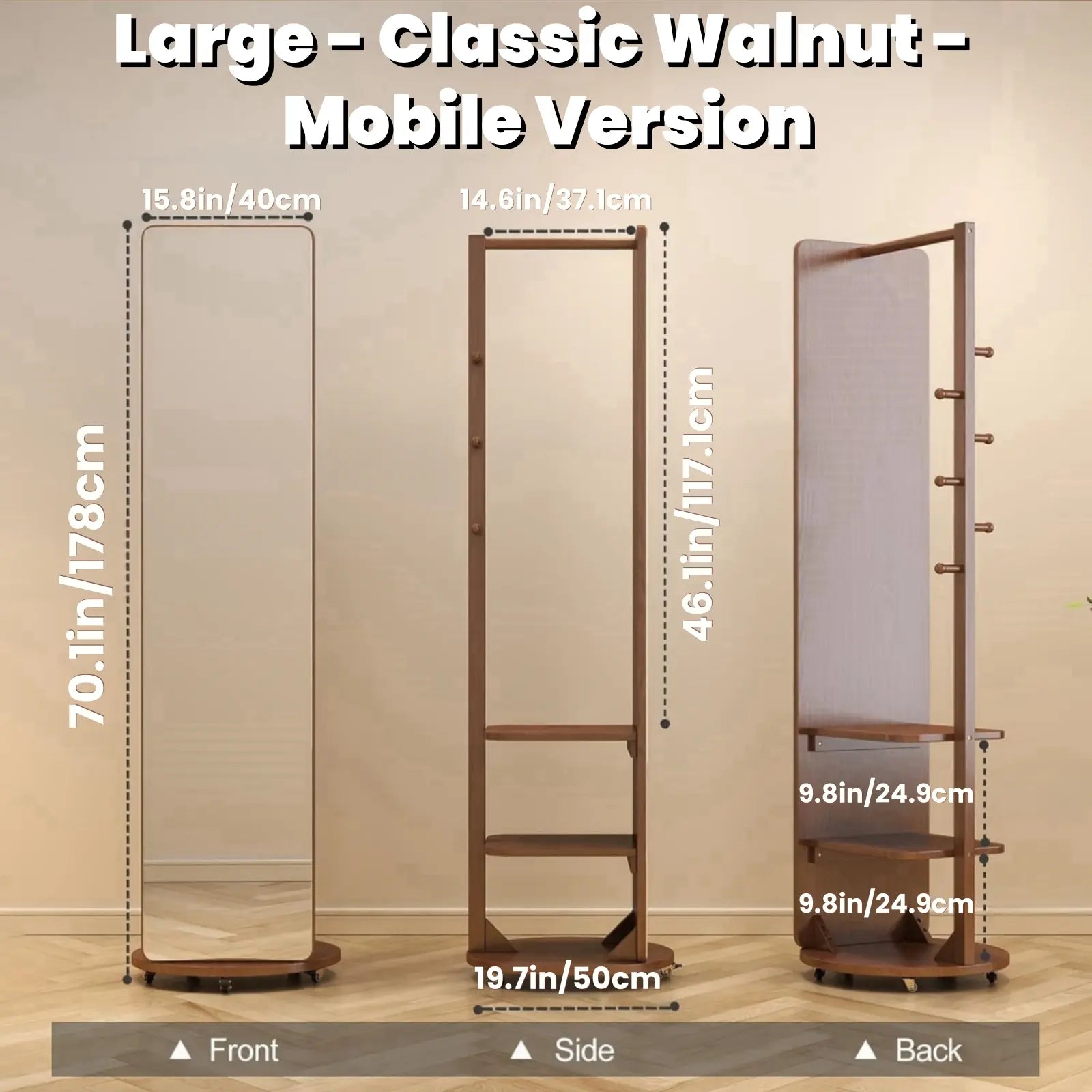 Full - Length Mirror with Storage, Clothing Rack & Wheels - iKaslandi