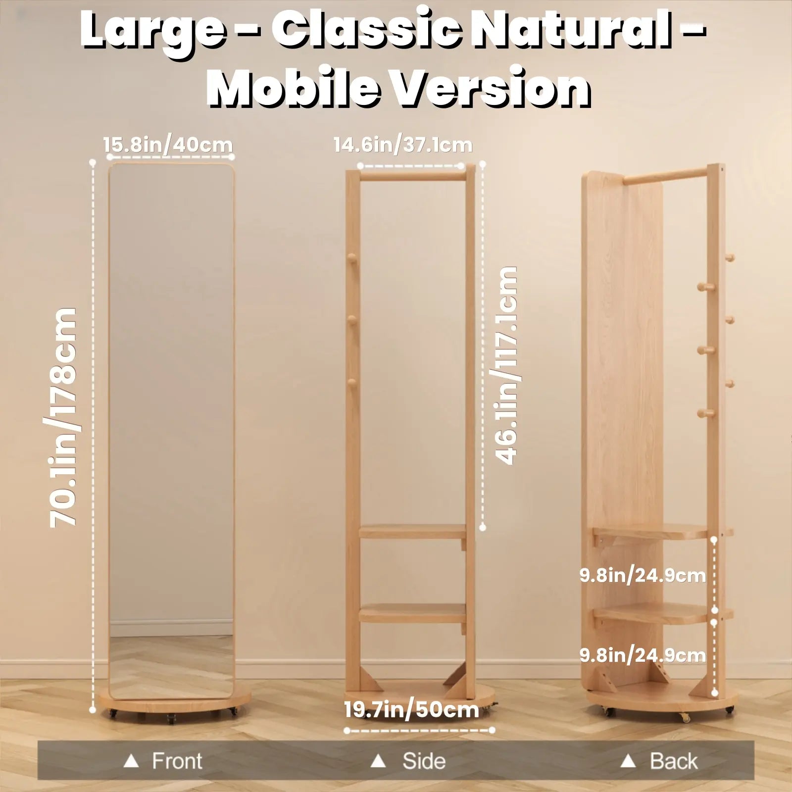 Full - Length Mirror with Storage, Clothing Rack & Wheels - iKaslandi