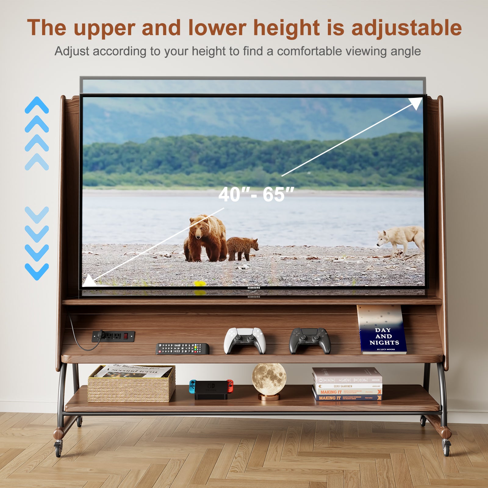 Rolling TV Stand for 40 - 65 Inch TV with Wheels | Wooden Mobile TV Cart - Kaslandi Furniture