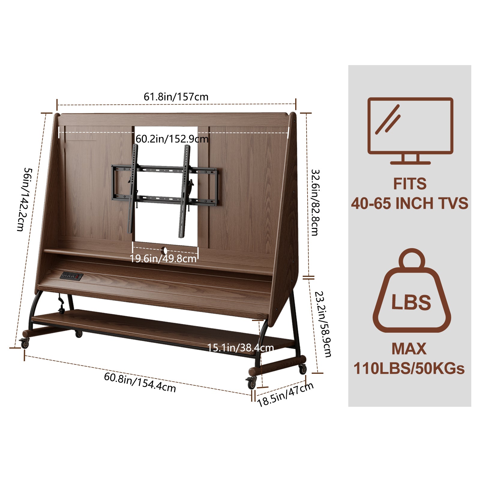 Rolling TV Stand for 40 - 65 Inch TV with Wheels | Wooden Mobile TV Cart - Kaslandi Furniture
