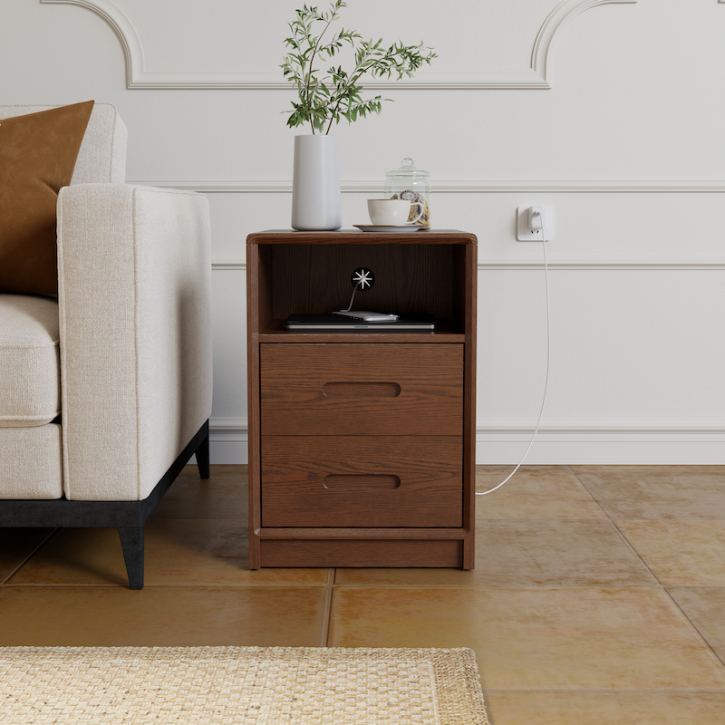 Solid Wood Nightstand with 2 Drawers & Open Shelf