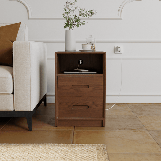 Solid Wood Nightstand with 2 Drawers & Open Shelf - iKaslandi