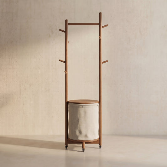 Solid Wood Coat Rack Stand with Laundry Hamper & Storage Shelf - iKaslandi