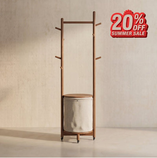 Solid Wood Coat Rack Stand with Laundry Hamper & Storage Shelf - iKaslandi