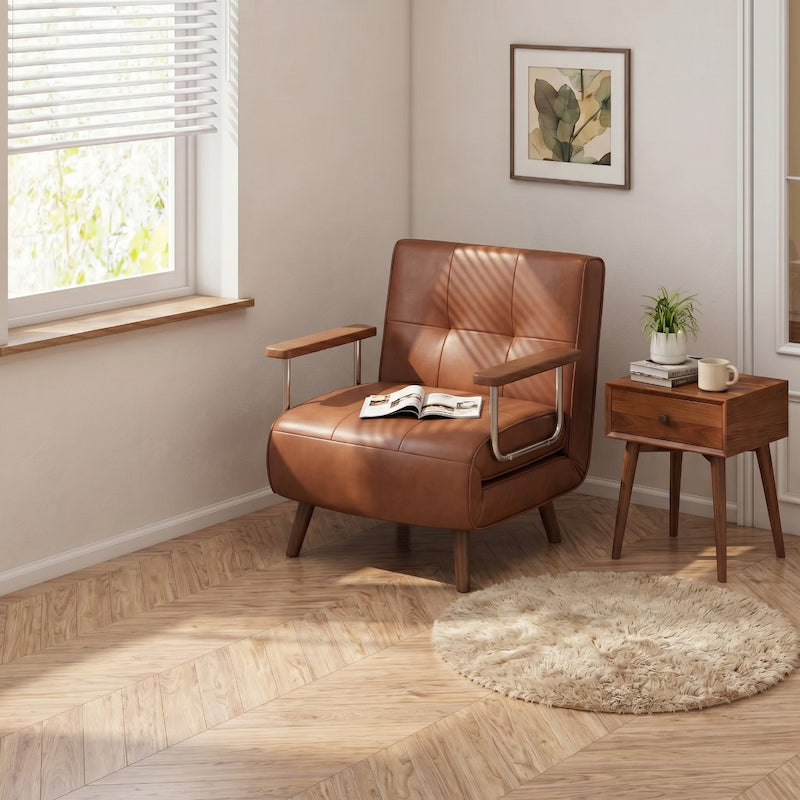 Convertible Folding Accent Chair | Solid Wood & Faux Leather Sleeper