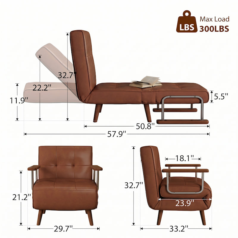 Convertible Folding Accent Chair | Solid Wood & Faux Leather Sleeper