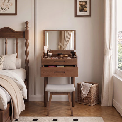 Natural vanity desk with flip-top mirror and stool in a bedroom