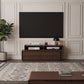 Modern living room with a wooden TV stand, television, and decorative items.