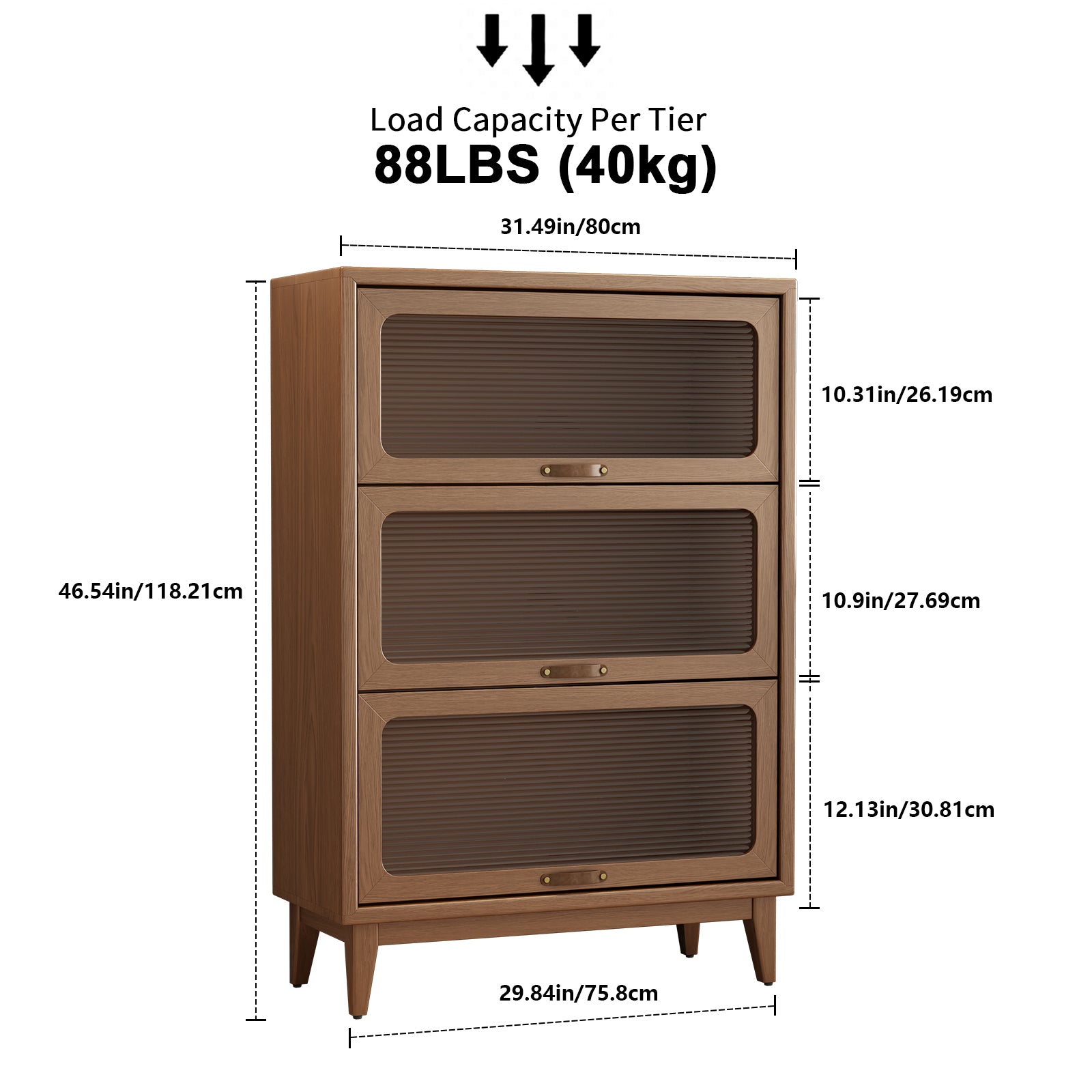 3 - Tier Solid Wood Bookcase with Flip - Up Glass Doors - Kaslandi Furniture