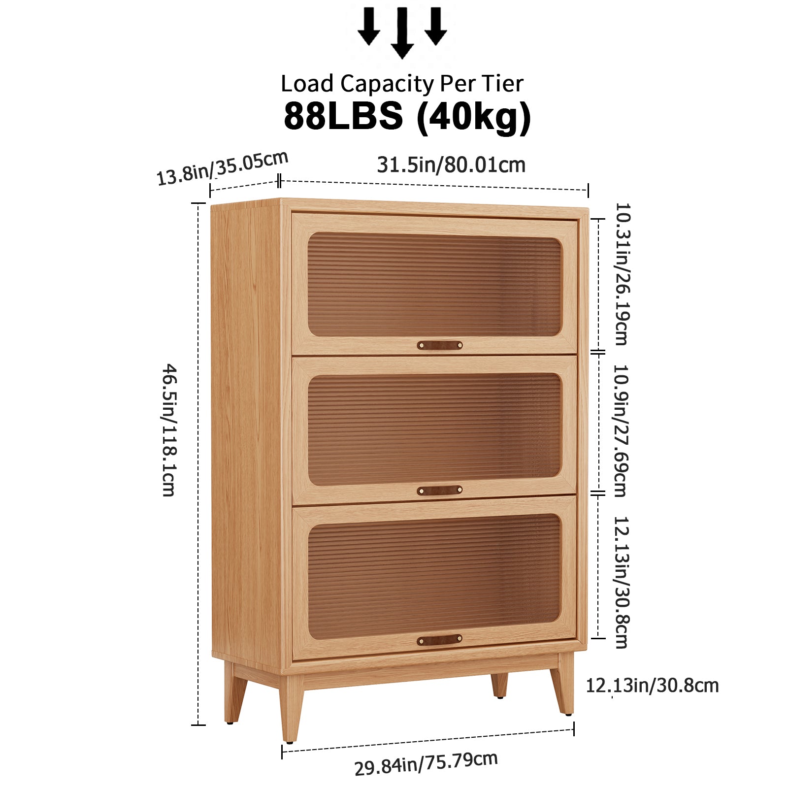 3 - Tier Solid Wood Bookcase with Flip - Up Glass Doors - Kaslandi Furniture