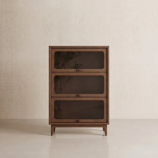 3-Tier Solid Wood Bookcase with Flip-Up Glass Doors - iKaslandi