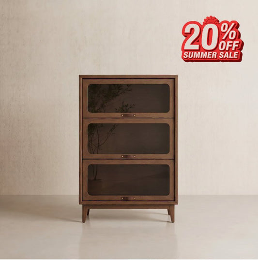 3-Tier Solid Wood Bookcase with Flip-Up Glass Doors - iKaslandi