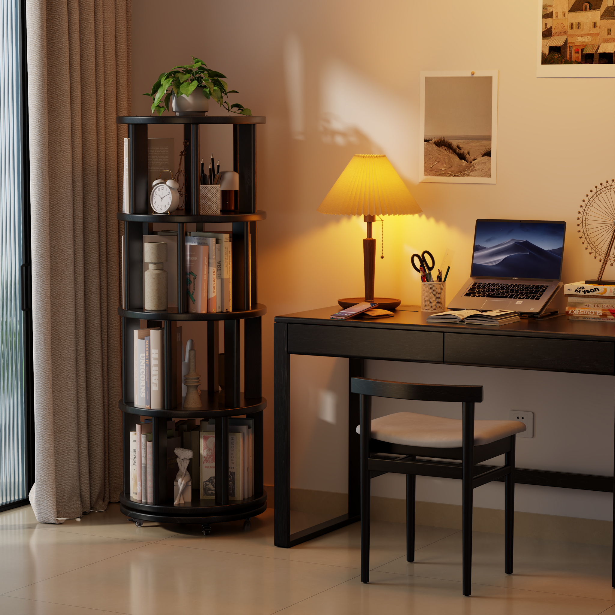 Rotating Solid Wood Bookshelf with Brake Wheels – Adjustable 1-6 Tier Swivel Bookcase