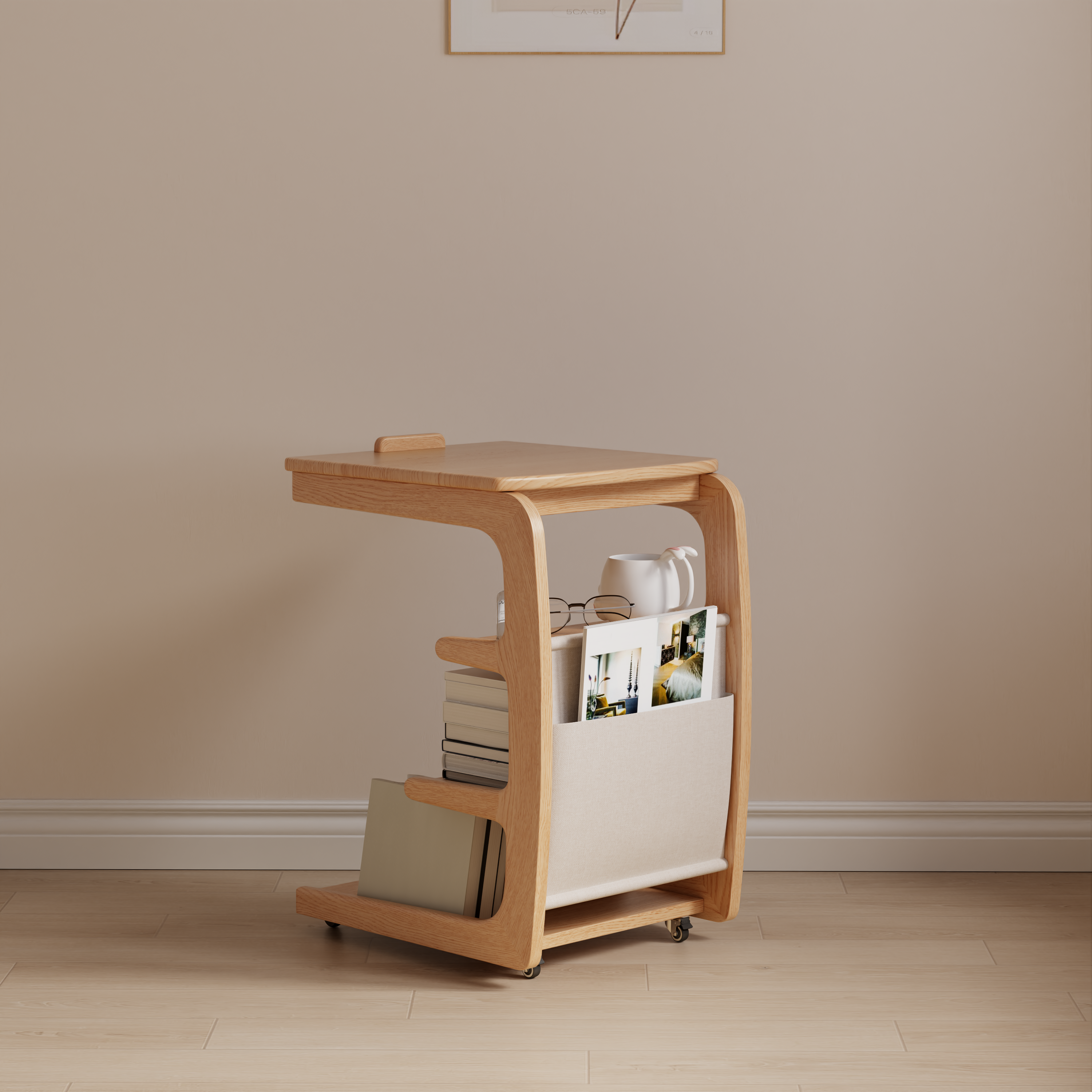 Solid Wood C-Shaped Table for Couch with 3-Tier Storage