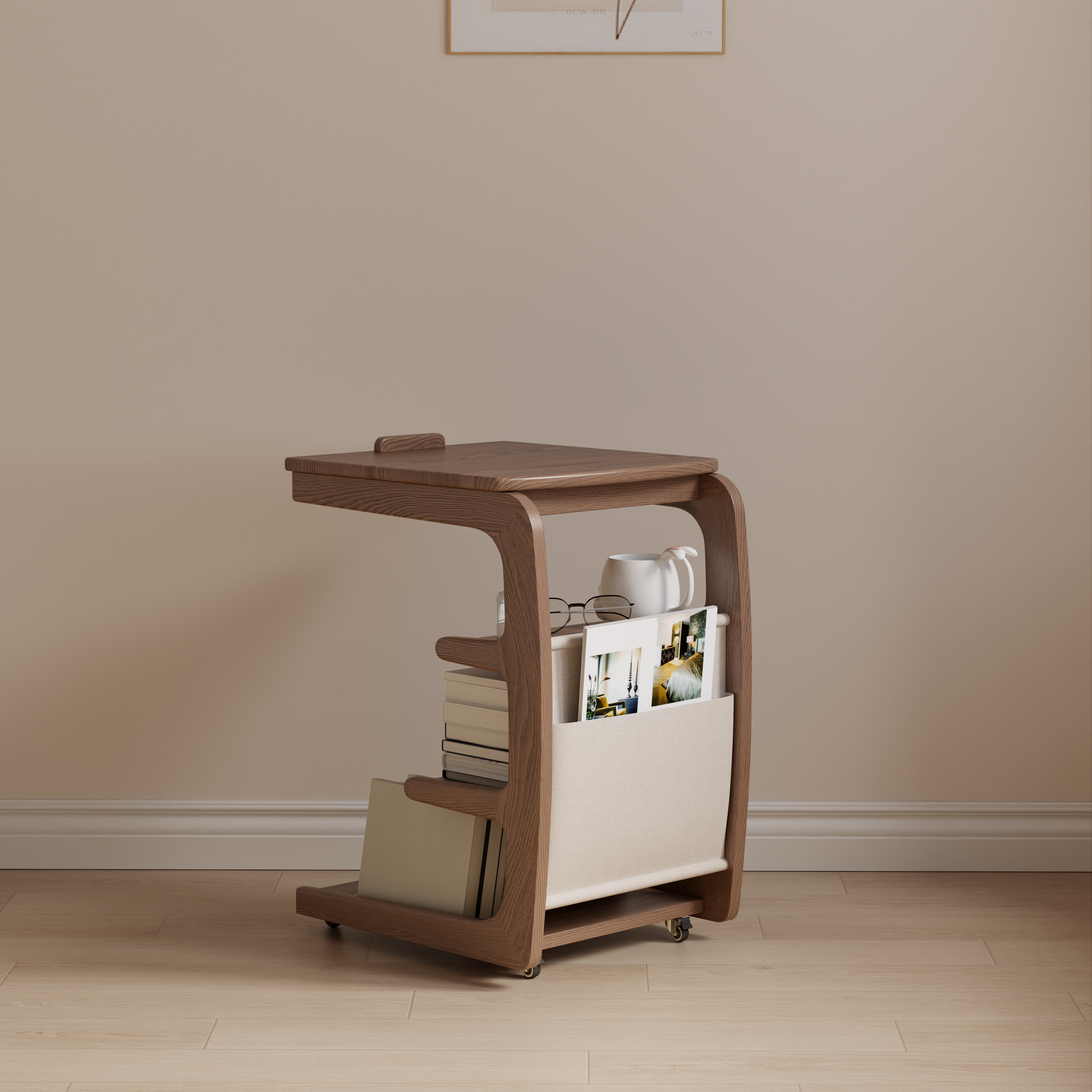 Solid Wood C-Shaped Table for Couch with 3-Tier Storage