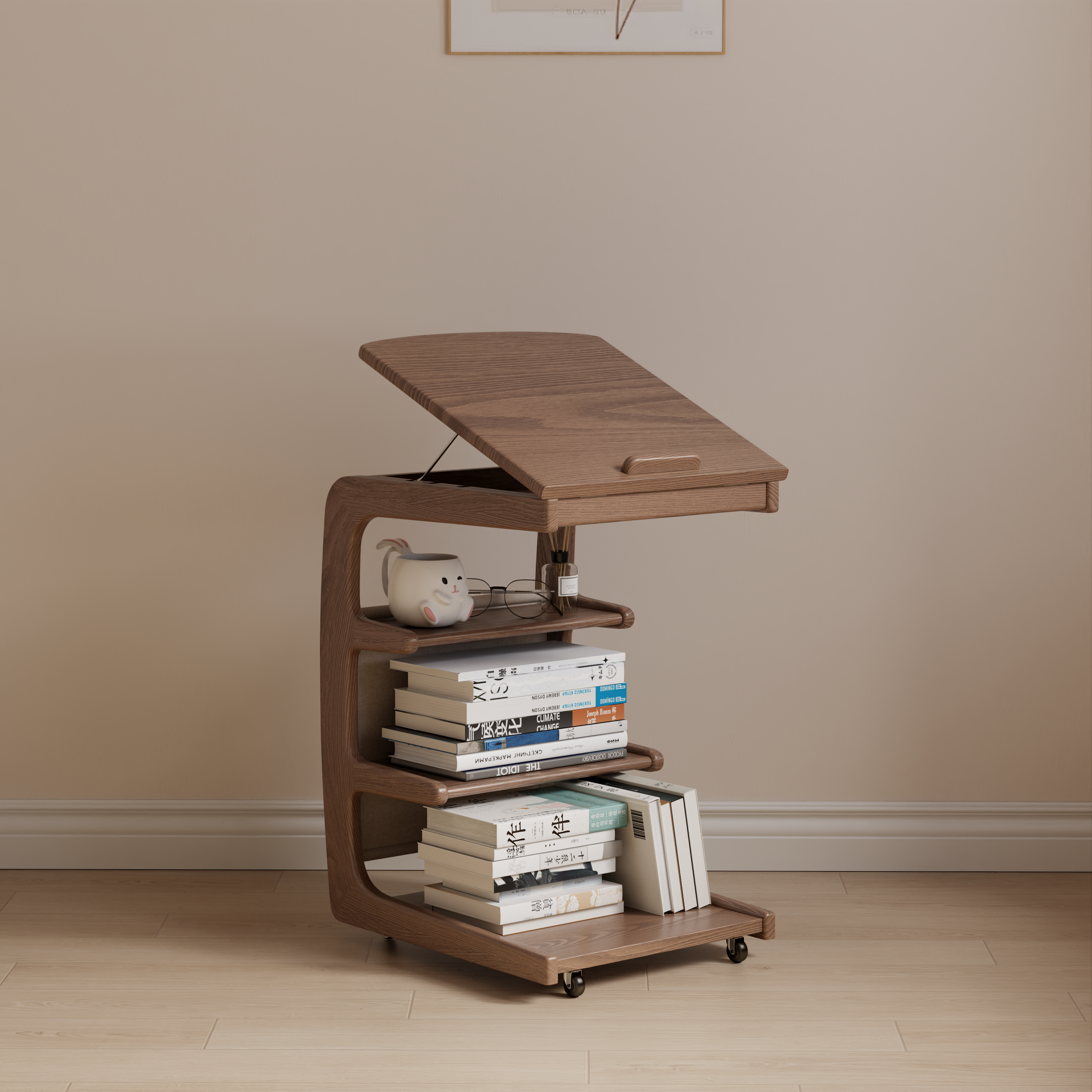 Solid Wood C-Shaped Table for Couch with 3-Tier Storage