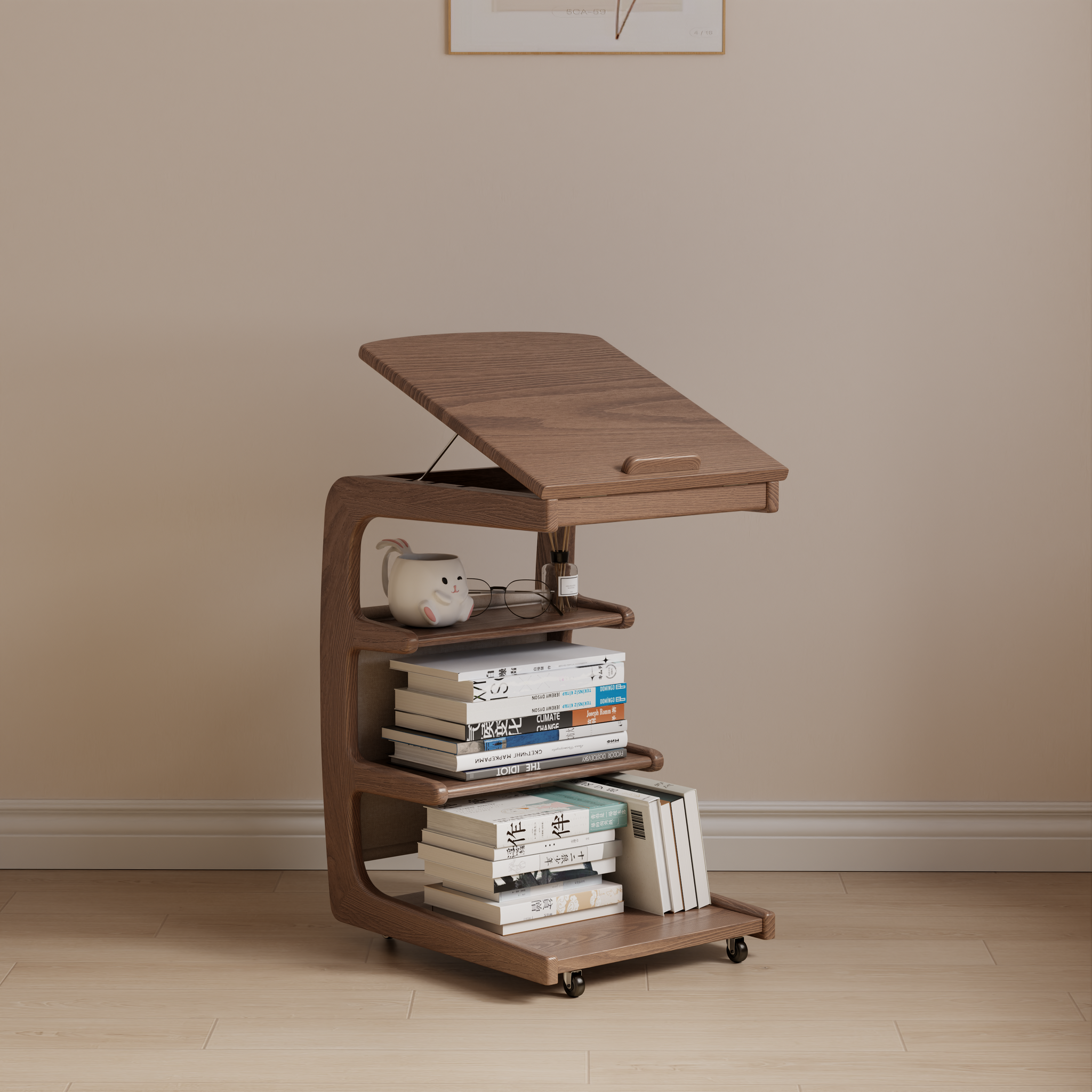 Solid Wood C-Shaped Table for Couch with 3-Tier Storage