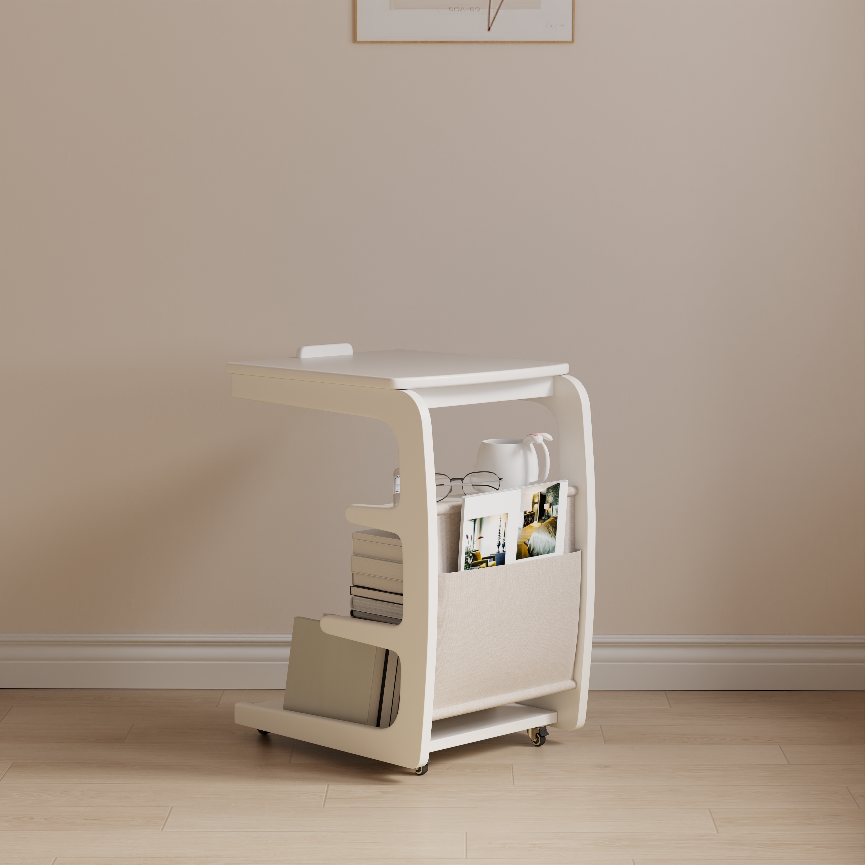 Solid Wood C-Shaped Table for Couch with 3-Tier Storage