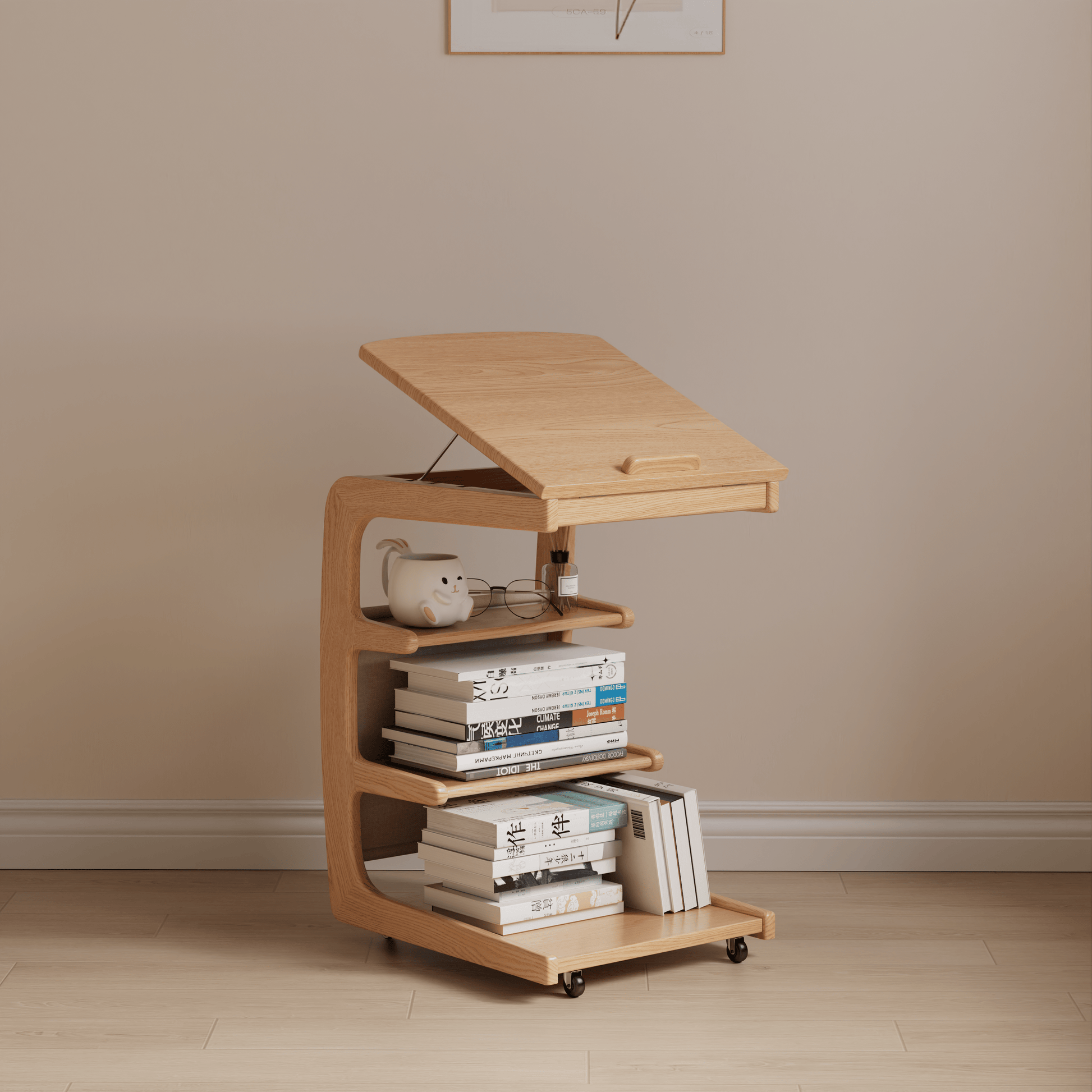 Solid Wood C - Shaped Table for Couch with 3 - Tier Storage - Kaslandi Furniture
