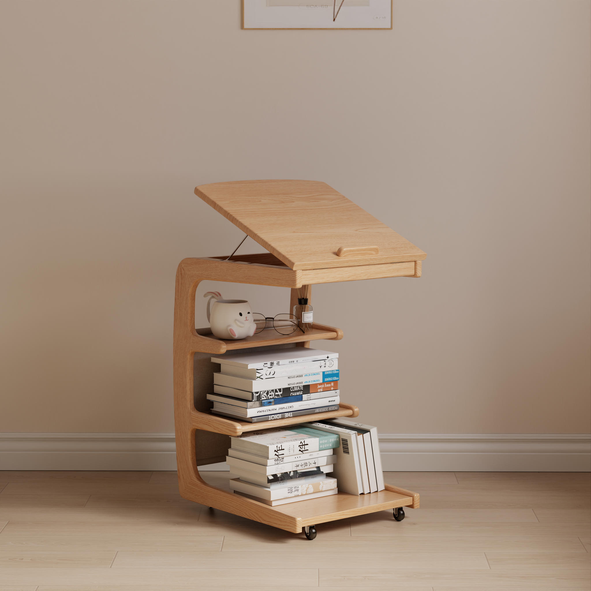 Solid Wood C-Shaped Table for Couch with 3-Tier Storage