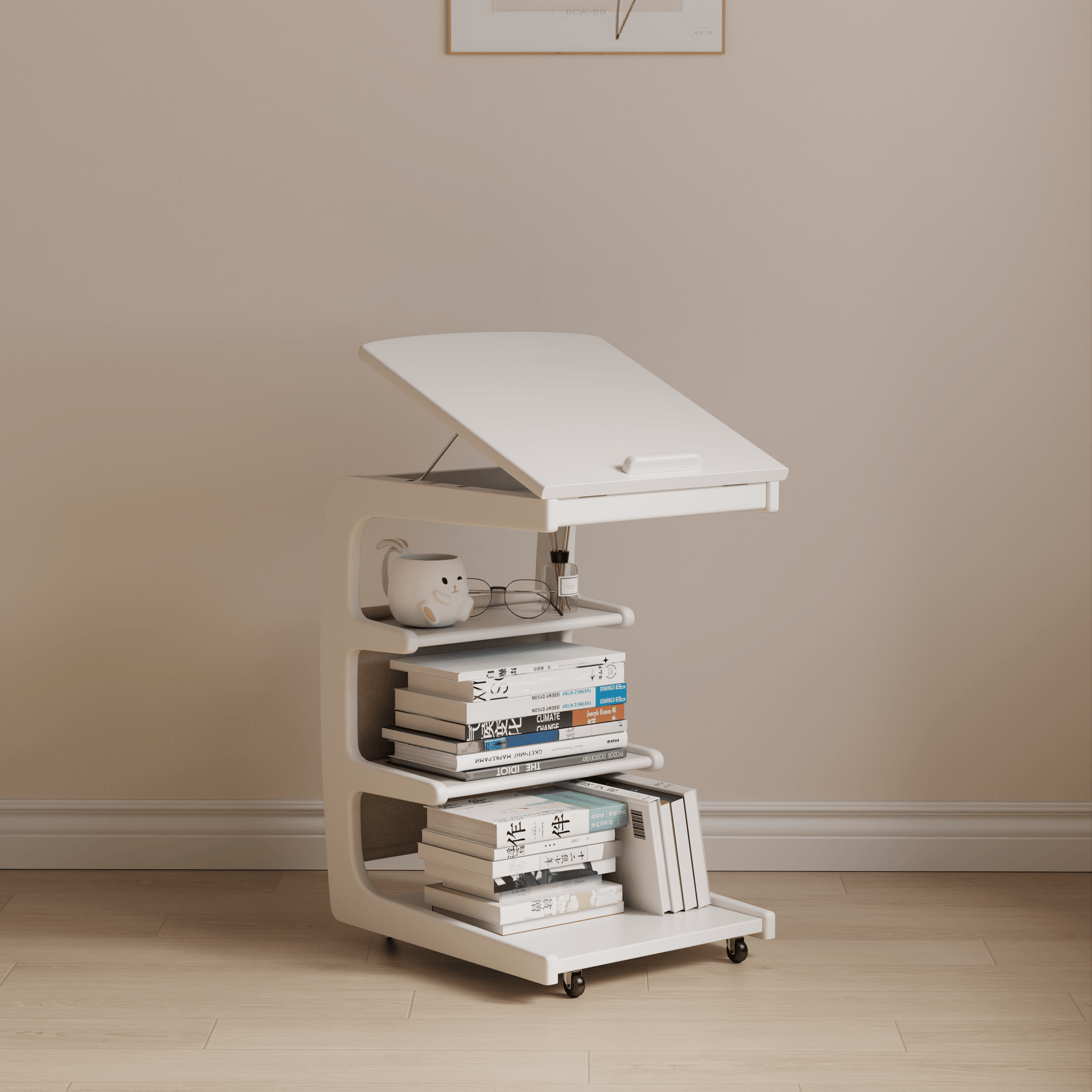 Solid Wood C - Shaped Table for Couch with 3 - Tier Storage - Kaslandi Furniture