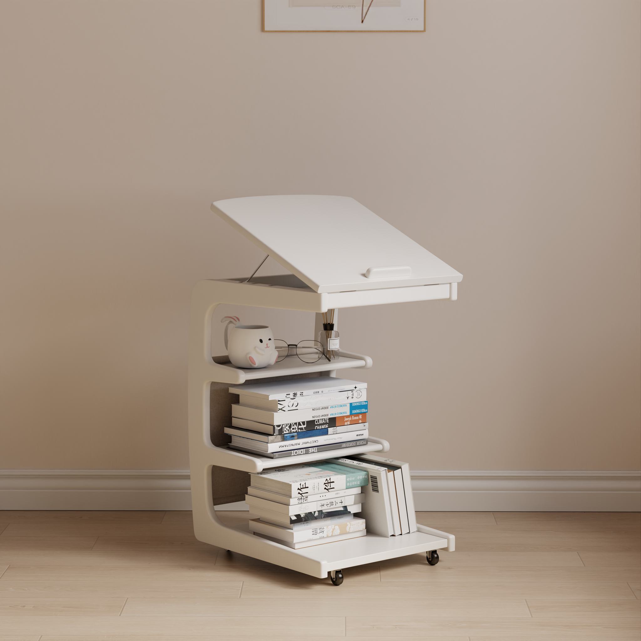 Solid Wood C-Shaped Table for Couch with 3-Tier Storage