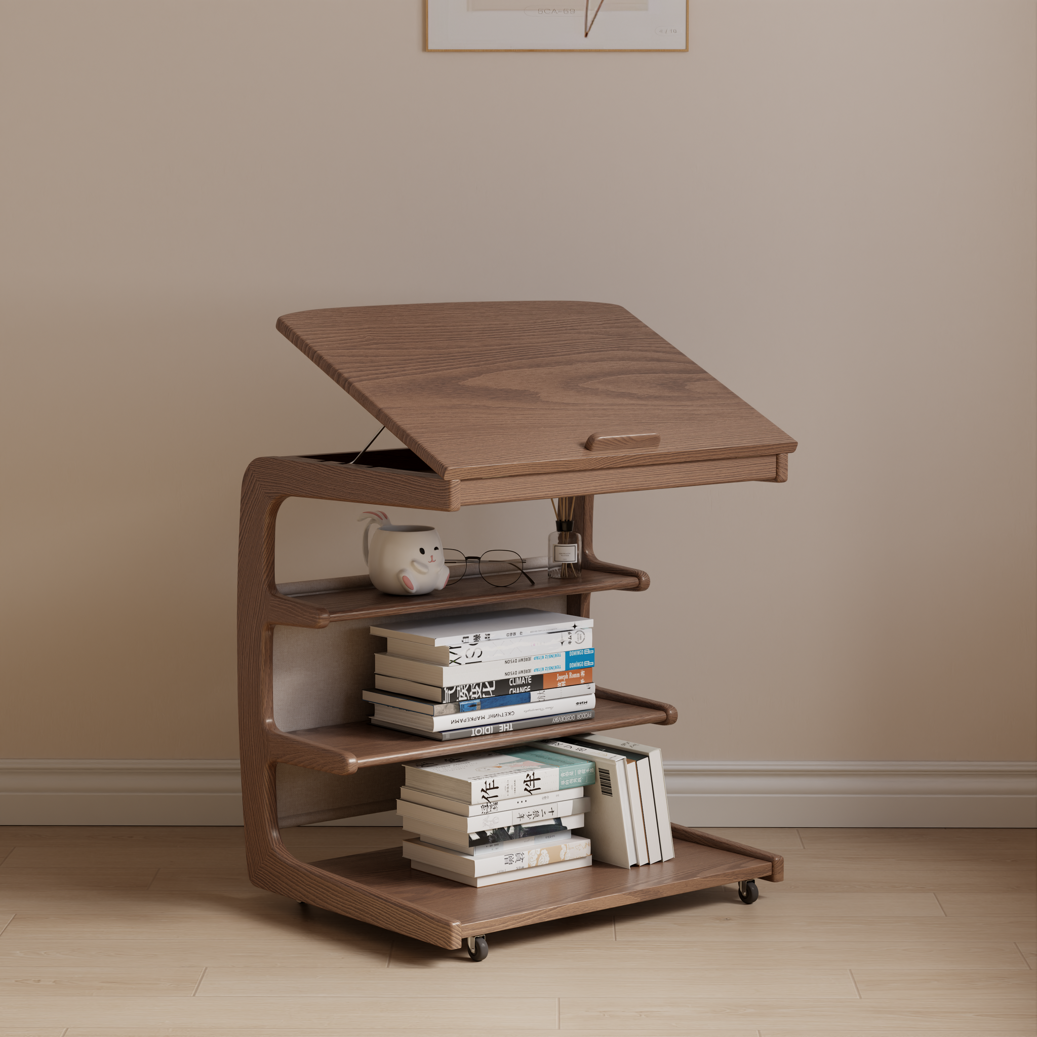 Solid Wood C-Shaped Table for Couch with 3-Tier Storage