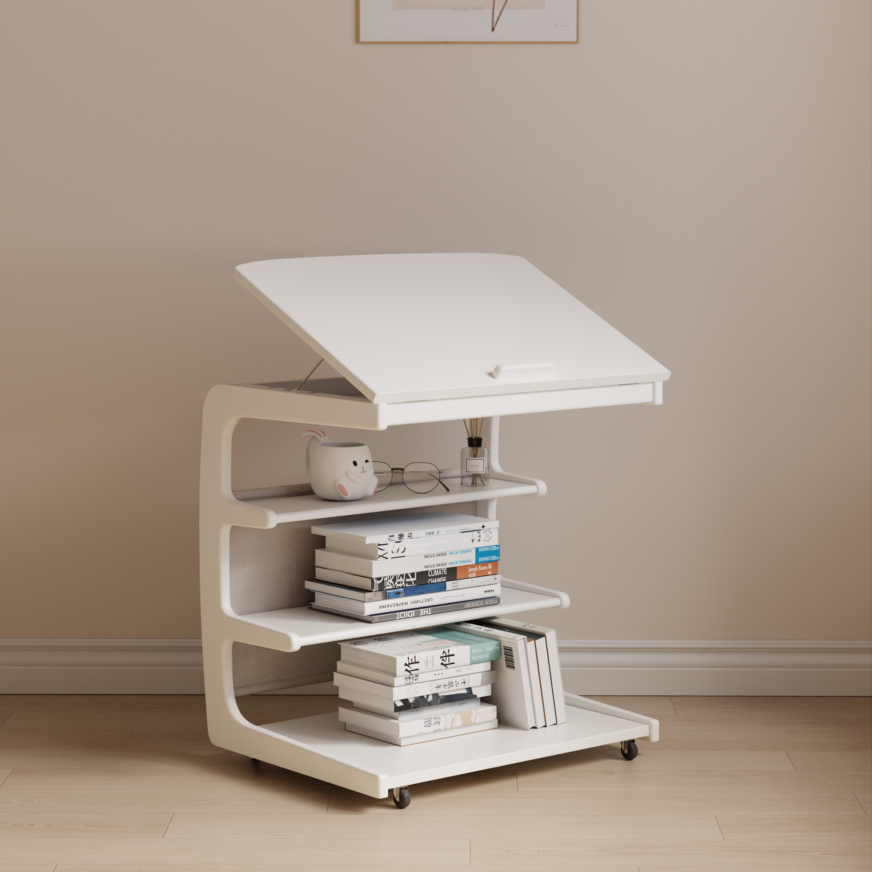 Solid Wood C-Shaped Table for Couch with 3-Tier Storage