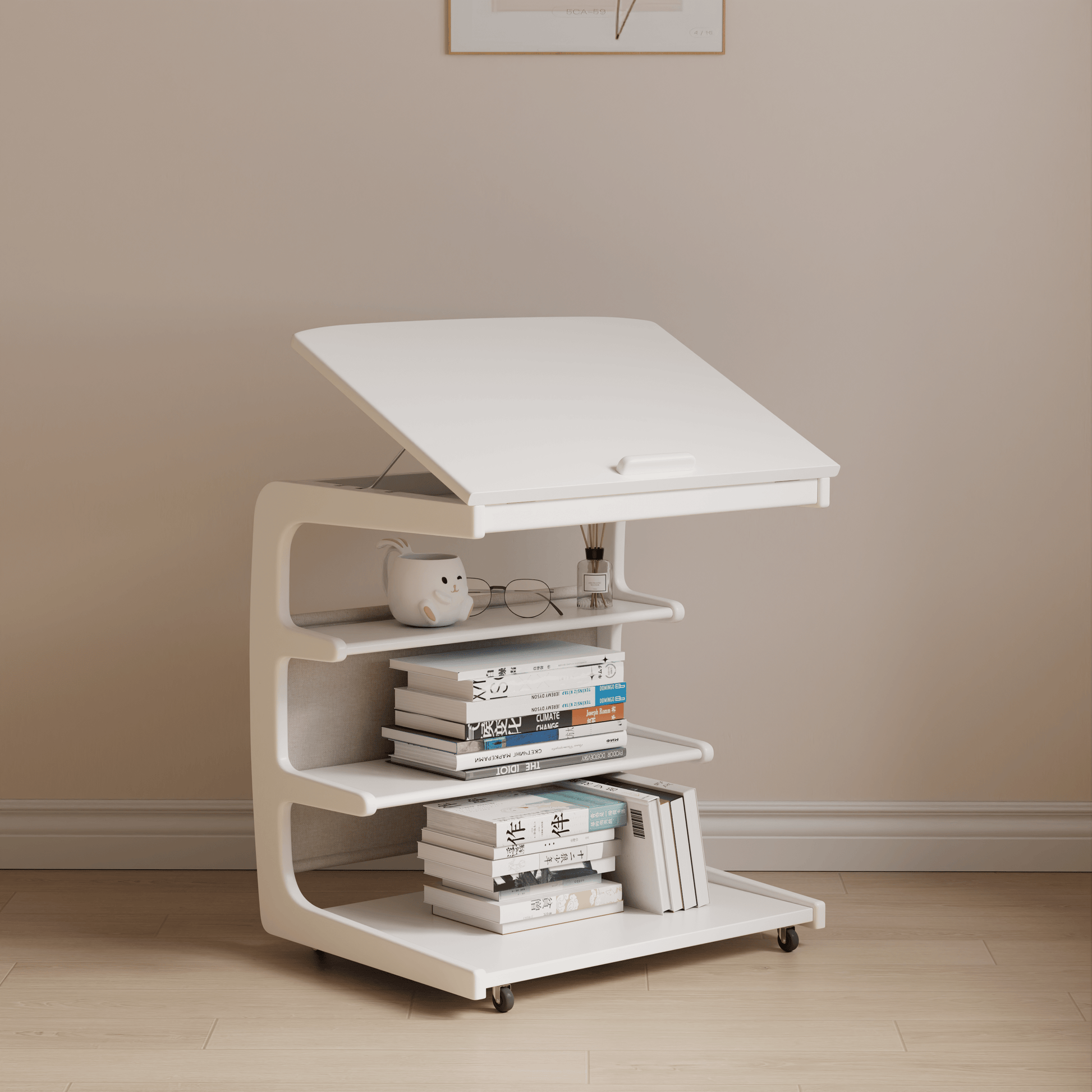 Solid Wood C - Shaped Table for Couch with 3 - Tier Storage - Kaslandi Furniture