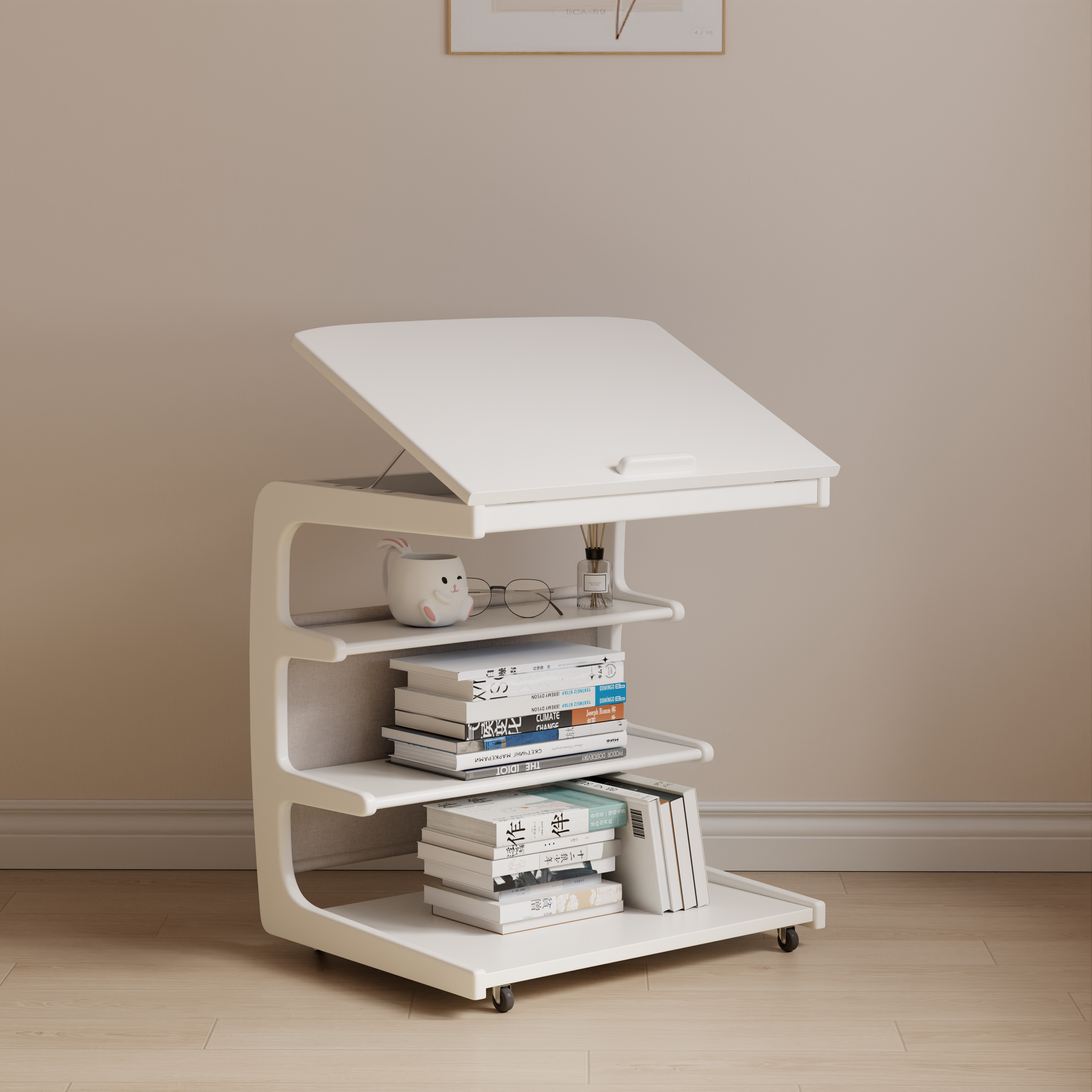 Solid Wood C-Shaped Table for Couch with 3-Tier Storage