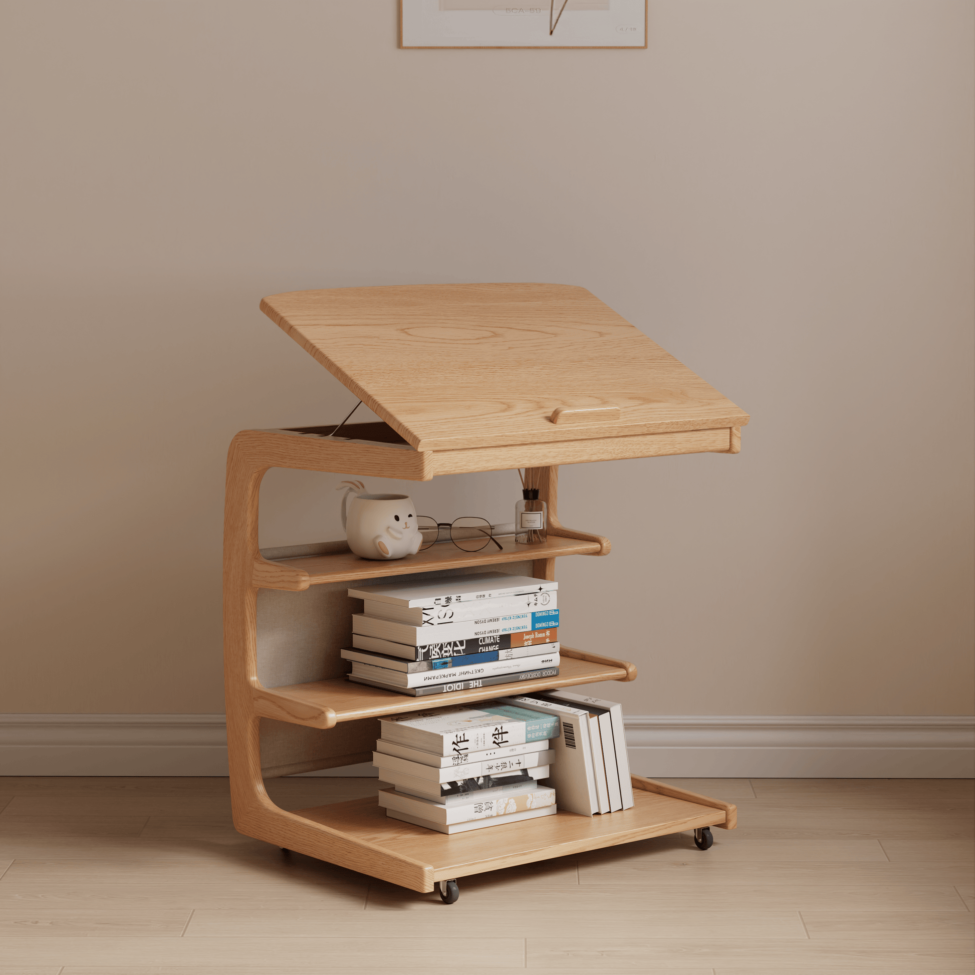 Solid Wood C - Shaped Table for Couch with 3 - Tier Storage - Kaslandi Furniture