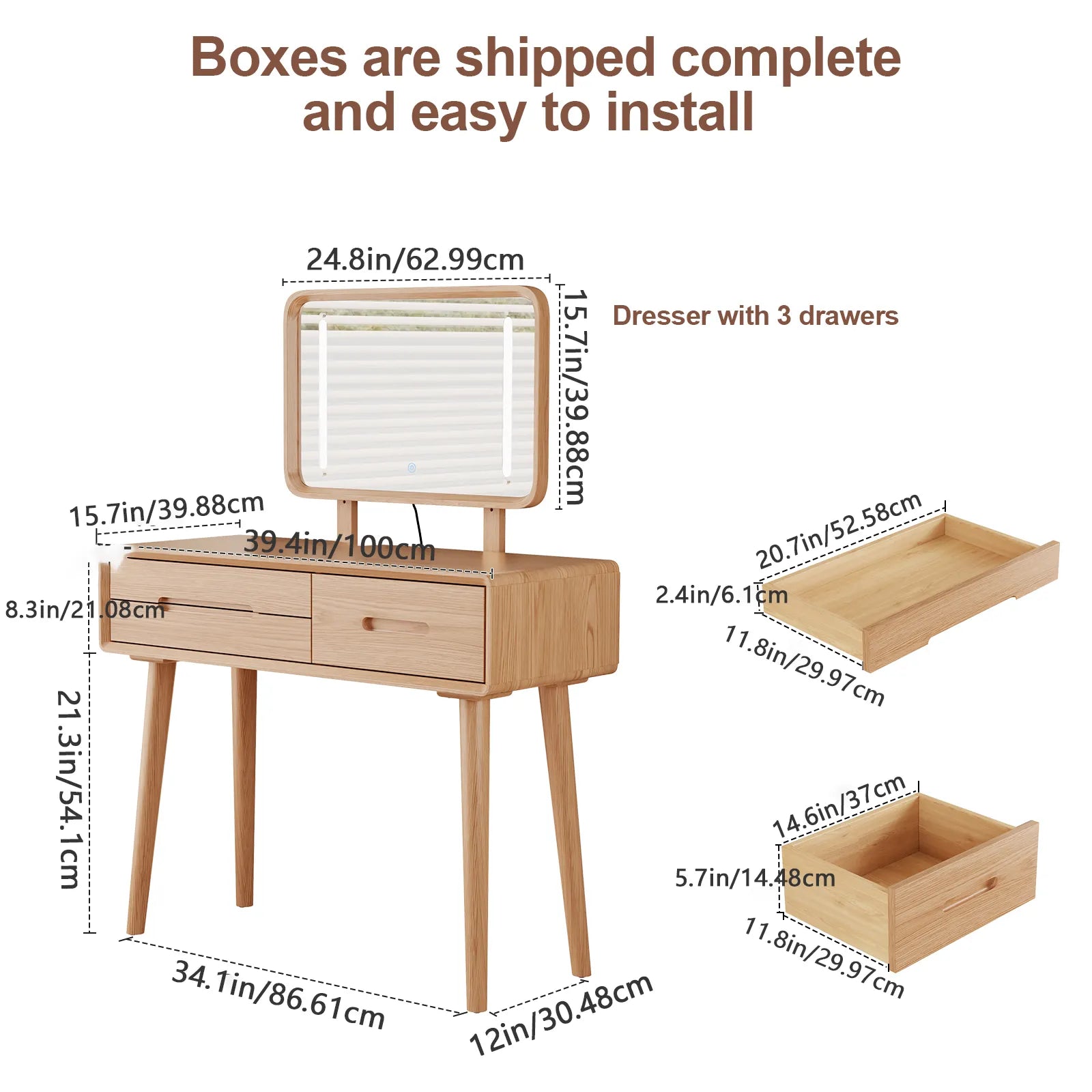 Solid Wood Vanity Desk with Detachable Lighted Mirror | Converts to Writing Desk - Kaslandi Furniture