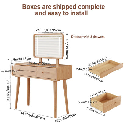 Solid Wood Vanity Desk with Detachable Lighted Mirror | Converts to Writing Desk - Kaslandi Furniture