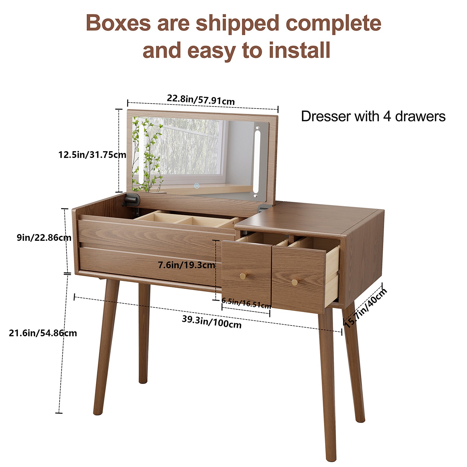 Vanity Desk with Mirror and Lights, Wooden Makeup Vanity Table with 3 or 4 Drawers