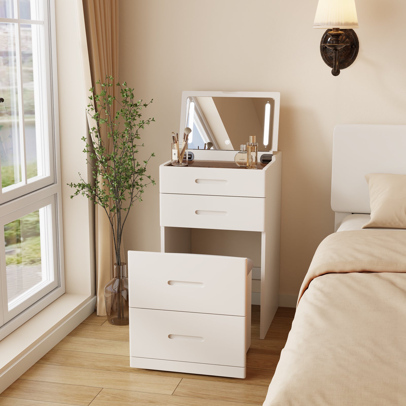 Solid Wood 3 in 1 Vanity Desk with Flip Top Mirror, Compact Vanity with Hidden Chair