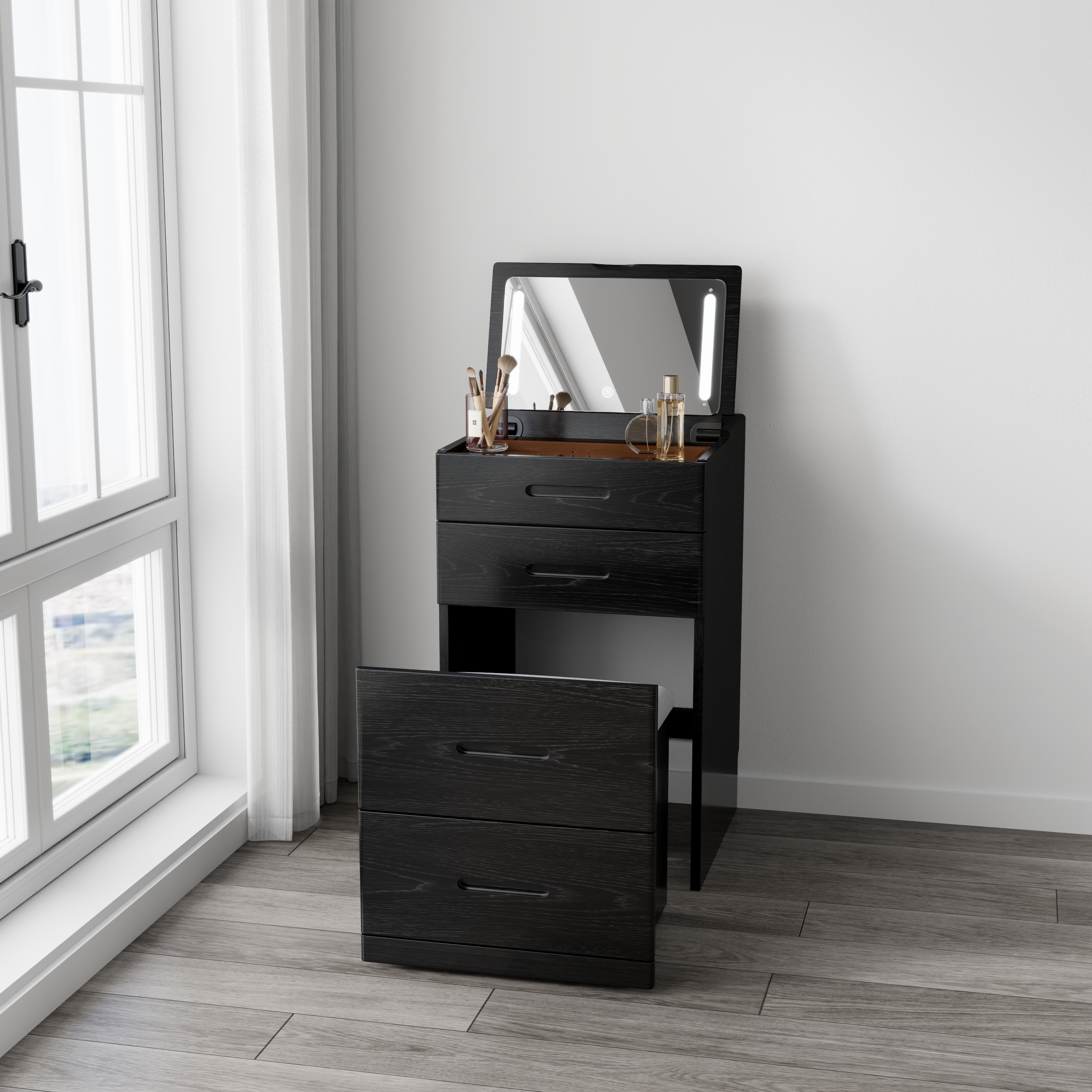 Solid Wood 3 in 1 Vanity Desk with Flip Top Mirror, Compact Vanity with Hidden Chair