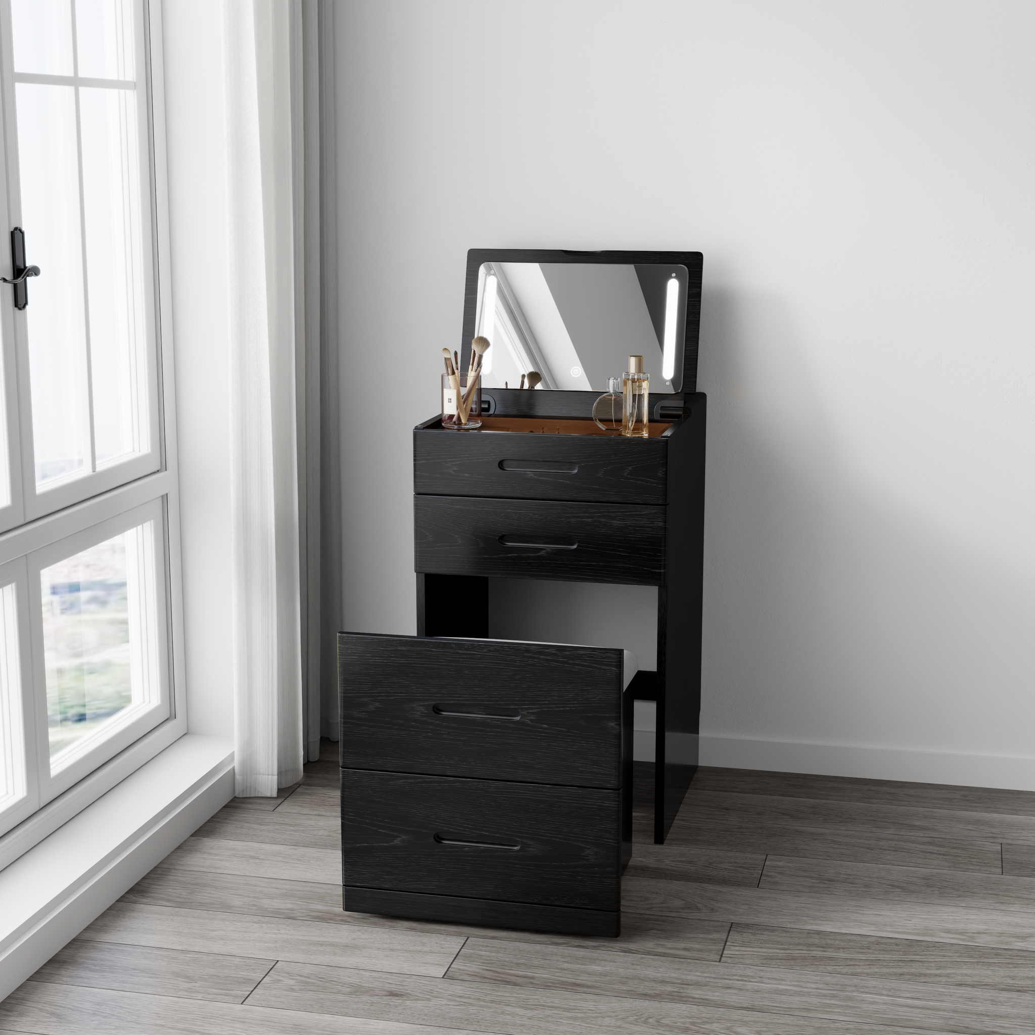 Solid Wood 3 in 1 Vanity Desk with Flip Top Mirror, Compact Vanity with Hidden Chair