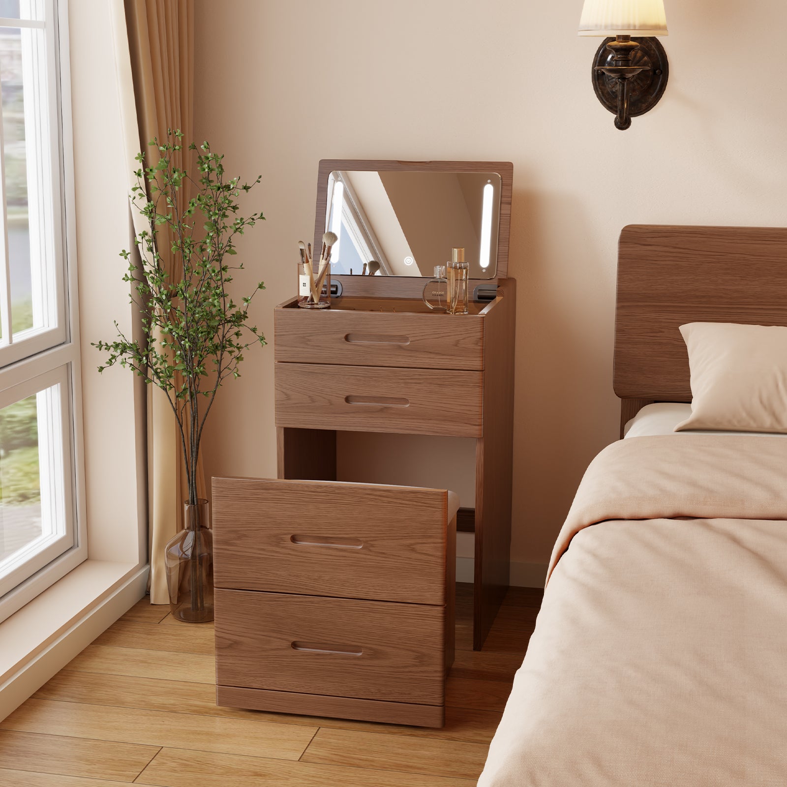 Solid Wood 3 in 1 Vanity Desk with Flip Top Mirror, Compact Vanity with Hidden Chair