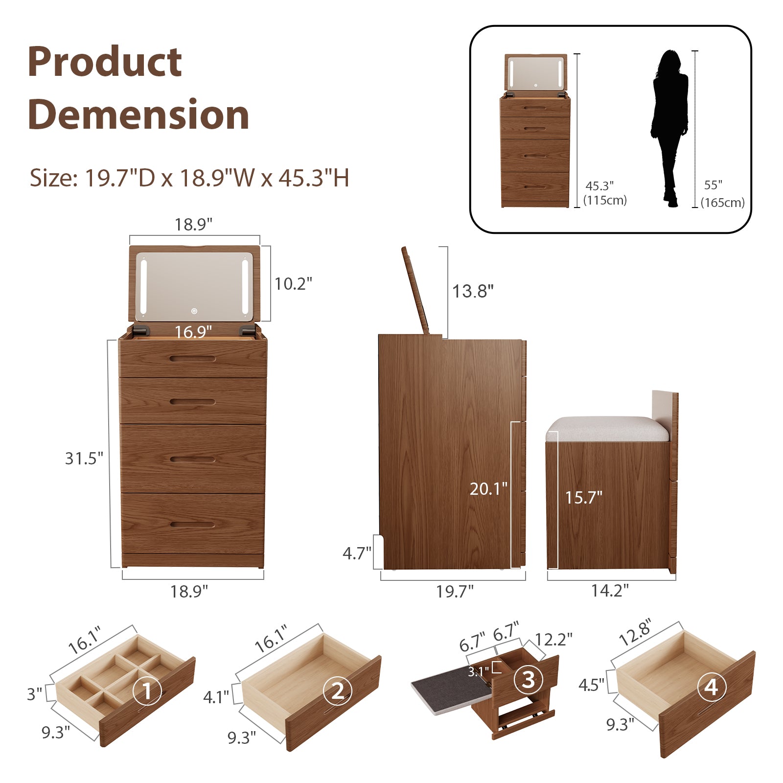 Solid Wood 3 in 1 Vanity Desk with Flip Top Mirror, Compact Vanity with Hidden Chair