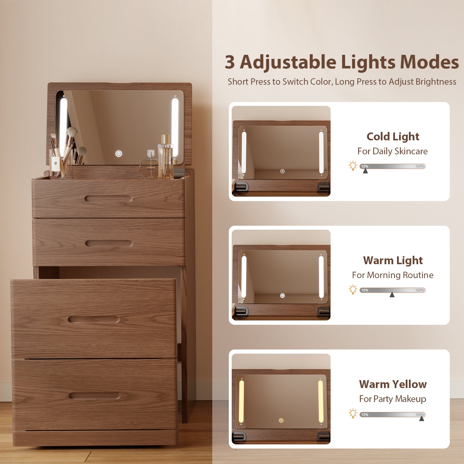 Solid Wood 3 in 1 Vanity Desk with Flip Top Mirror, Compact Vanity with Hidden Chair