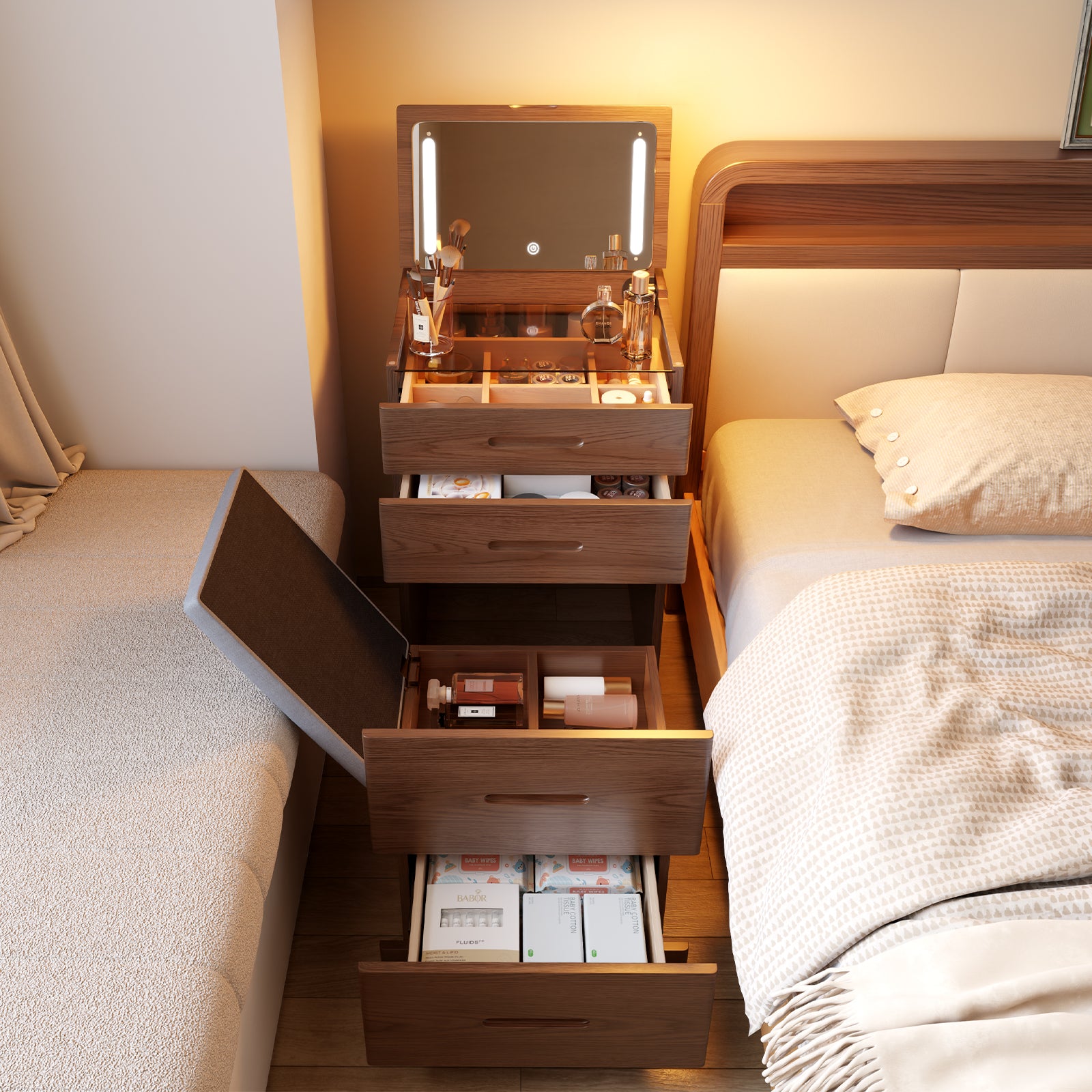 Solid Wood 3 in 1 Vanity Desk with Flip Top Mirror, Compact Vanity with Hidden Chair