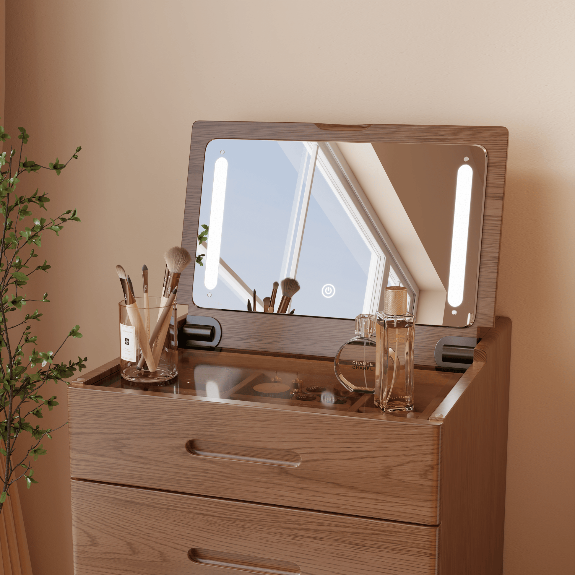 Solid Wood LED Vanity Desk with Chair, Space Saving Makeup Table - Kaslandi Furniture