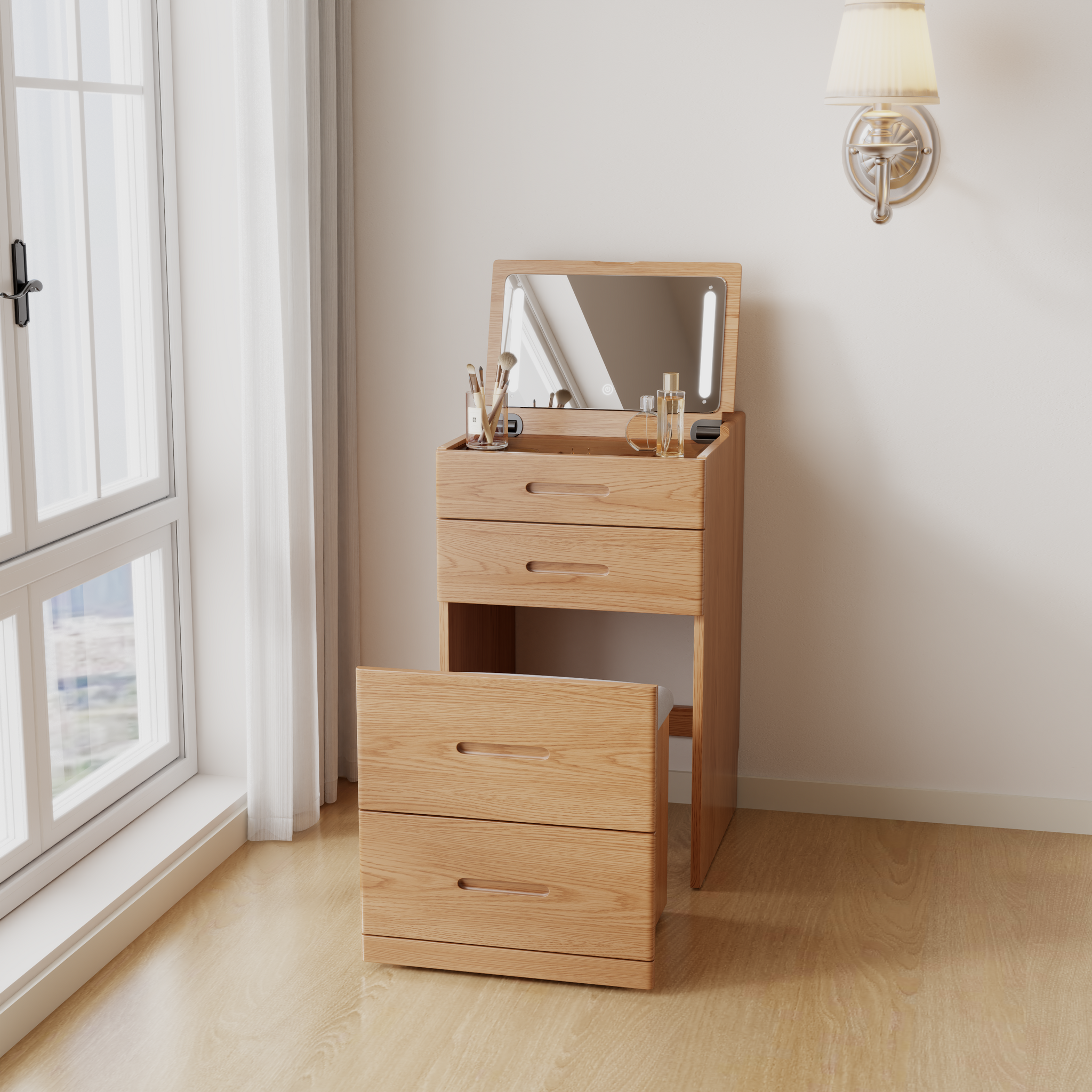 Solid Wood 3 in 1 Vanity Desk with Flip Top Mirror, Compact Vanity with Hidden Chair