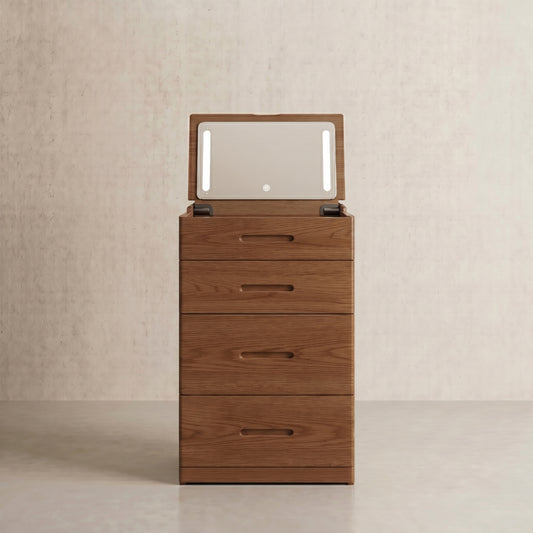 Solid Wood LED Vanity Desk with Chair, Space Saving Makeup Table - iKaslandi